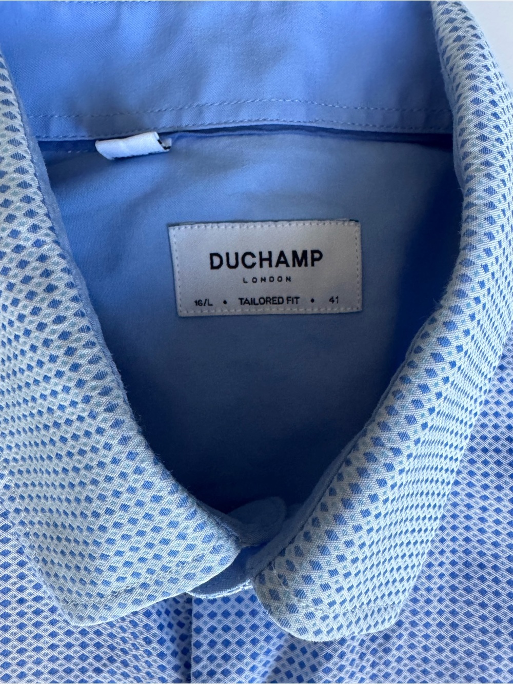 Duchamp London Men’s Tailored Fit Dress Shirt 16/L Blue Diamond Print Cotton